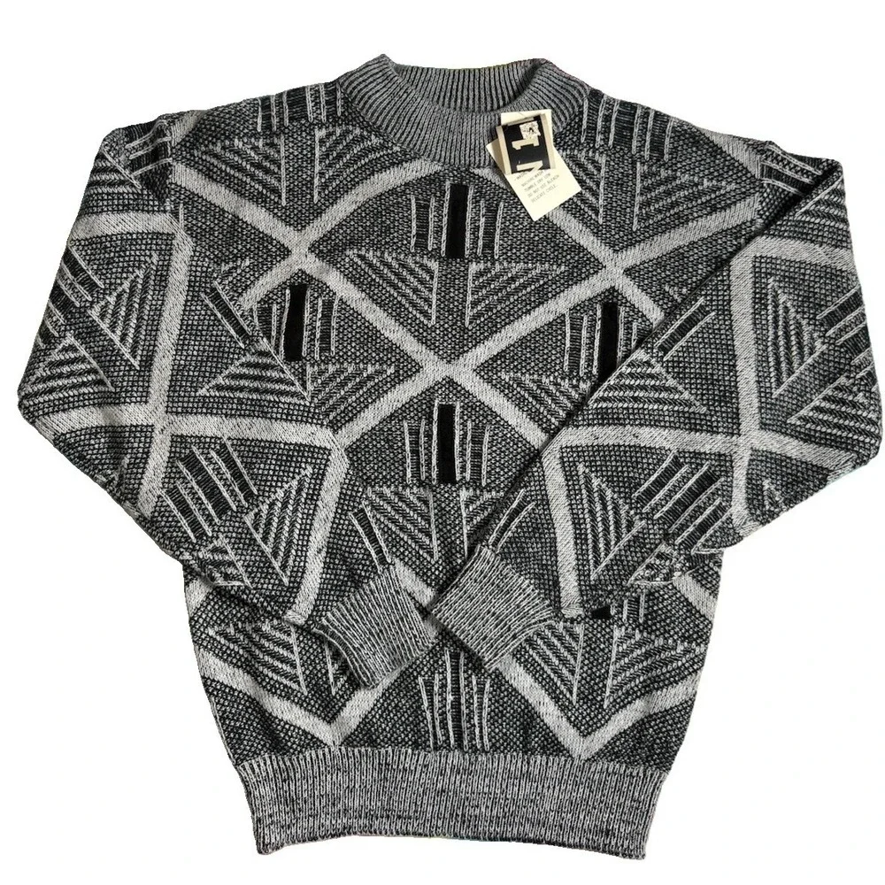 Vtg Jon 1 E Sweater Mens Medium Black Abstract Cosby Textured Chunky Knit 90s